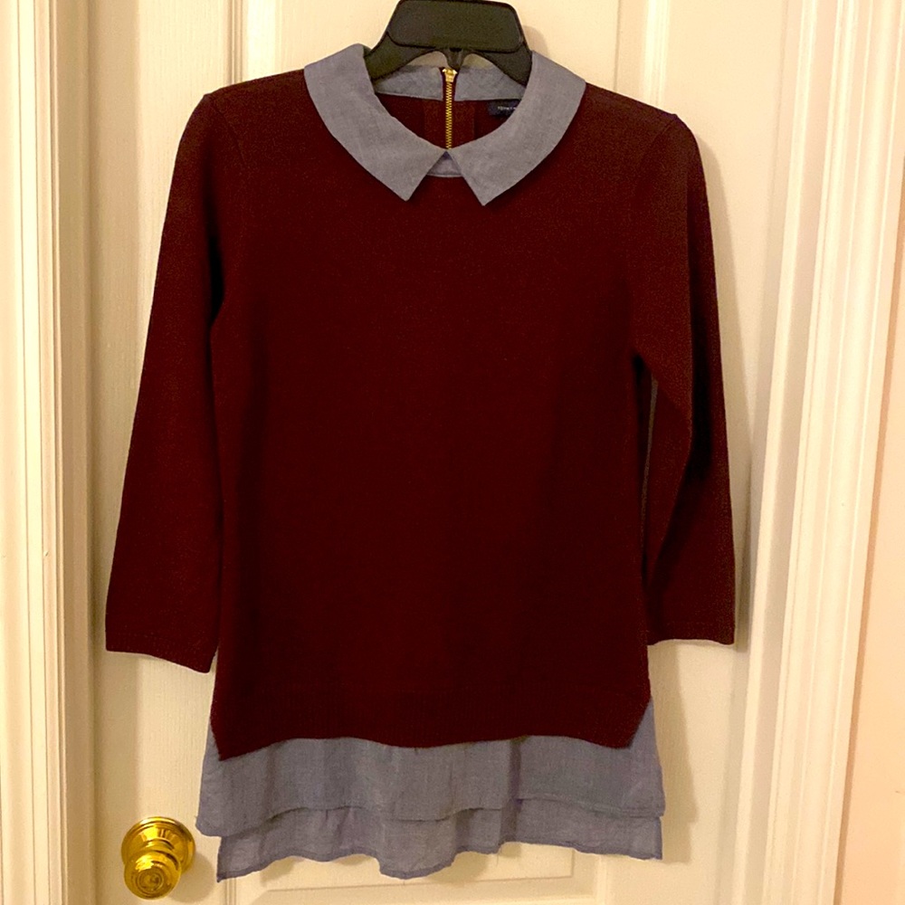 Tommy Hilfiger Sz S Burgundy & Blue Collar & Hem “Faux Double”